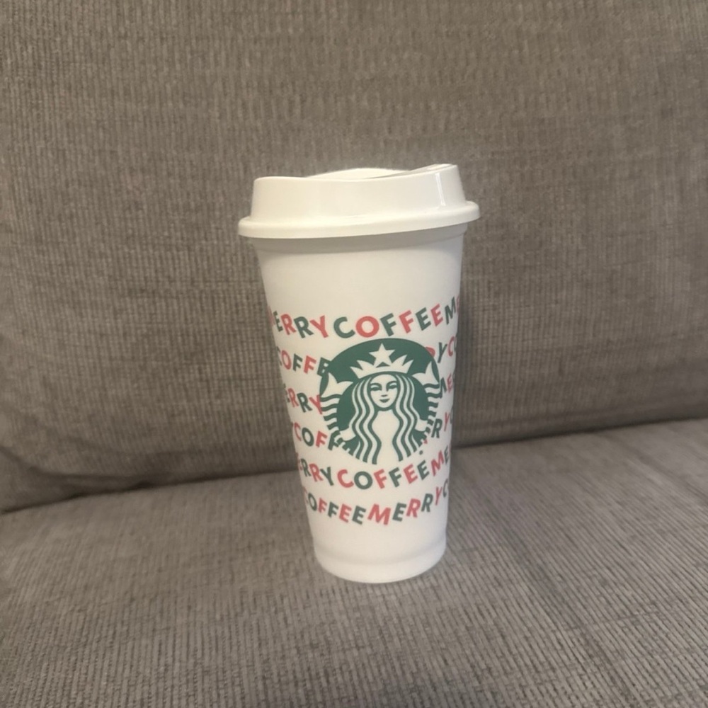 Starbucks Festive White Cup with Red and Green Text